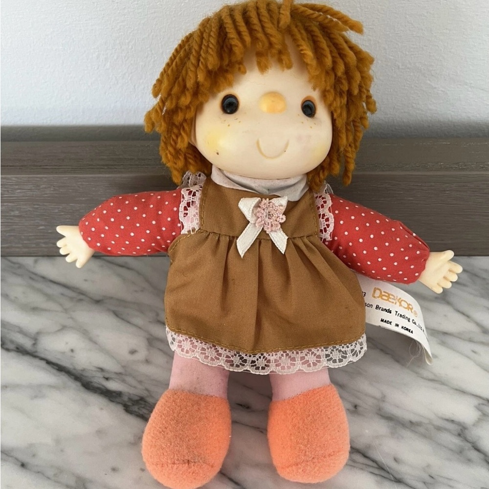 Ice Cream Doll Girl Brown Yarn Hair Blue Eyes 7.5” J Shin Co Plastic Vintage 80s